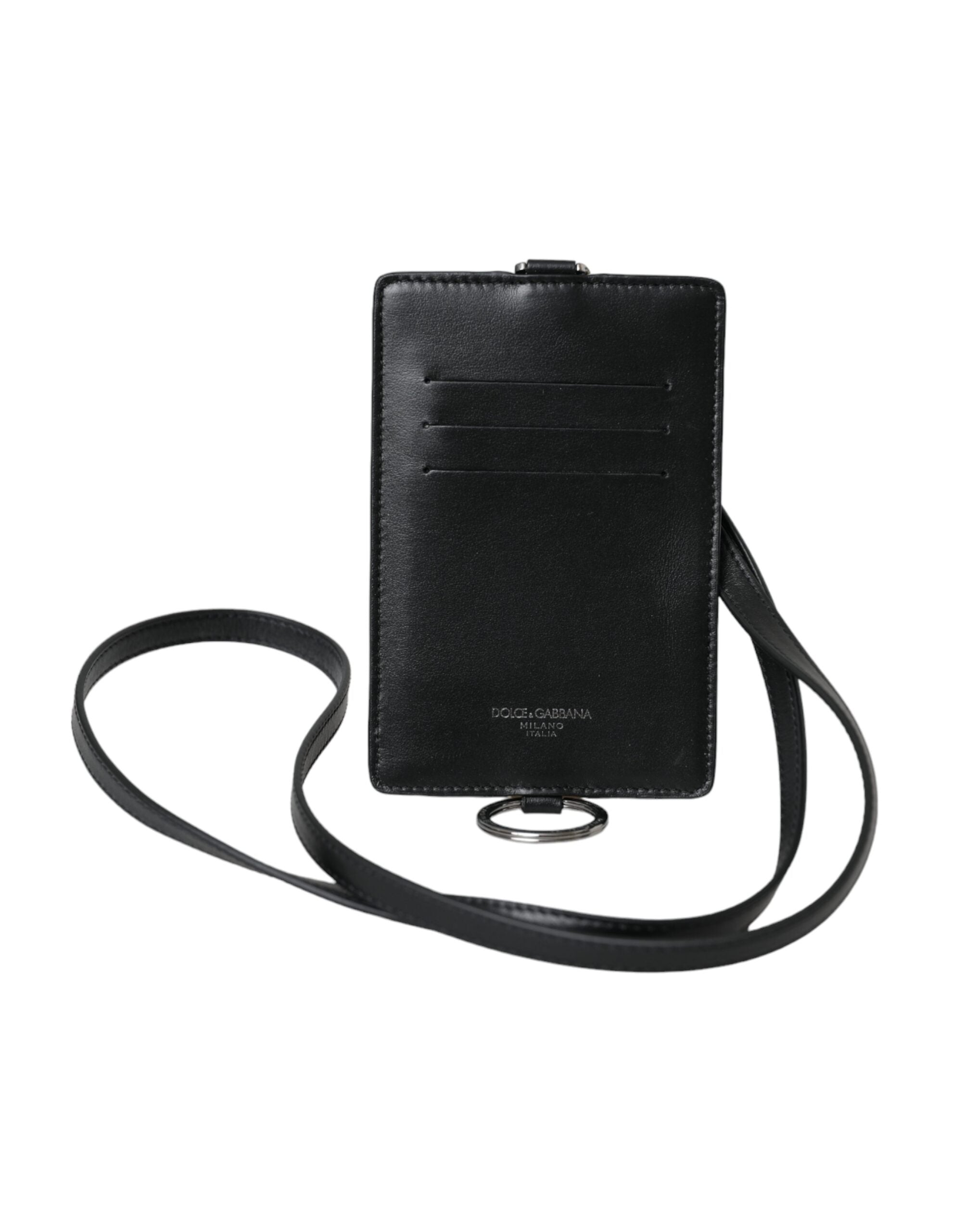 Dolce &amp; Gabbana Herren-Geldbörse mit Logo und Lanyard aus schwarzem Kalbsleder