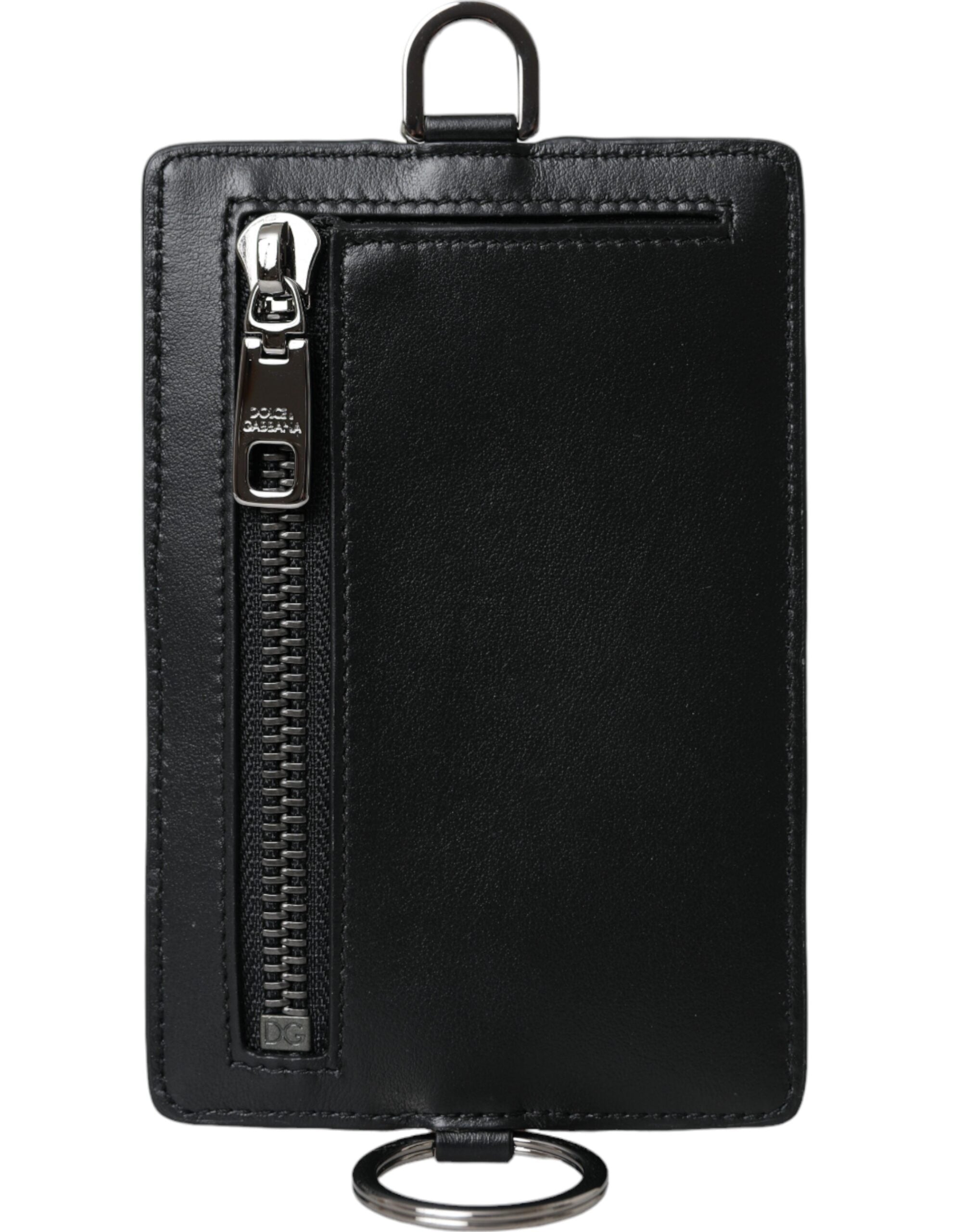 Dolce &amp; Gabbana Herren-Geldbörse mit Logo und Lanyard aus schwarzem Kalbsleder