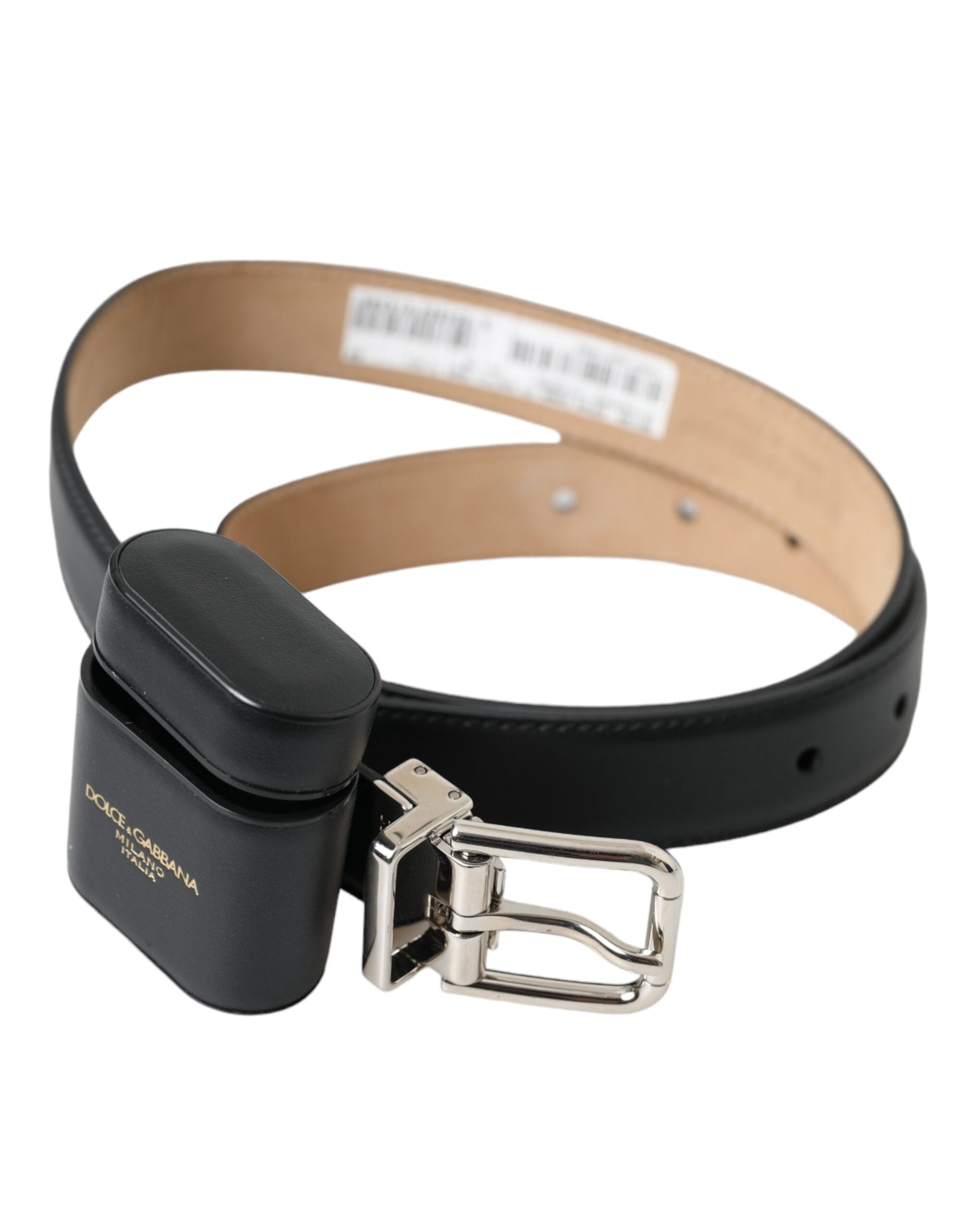 Dolce & Gabbana schwarzes Leder-AirPods-Case mit silberner Gürtelschnalle