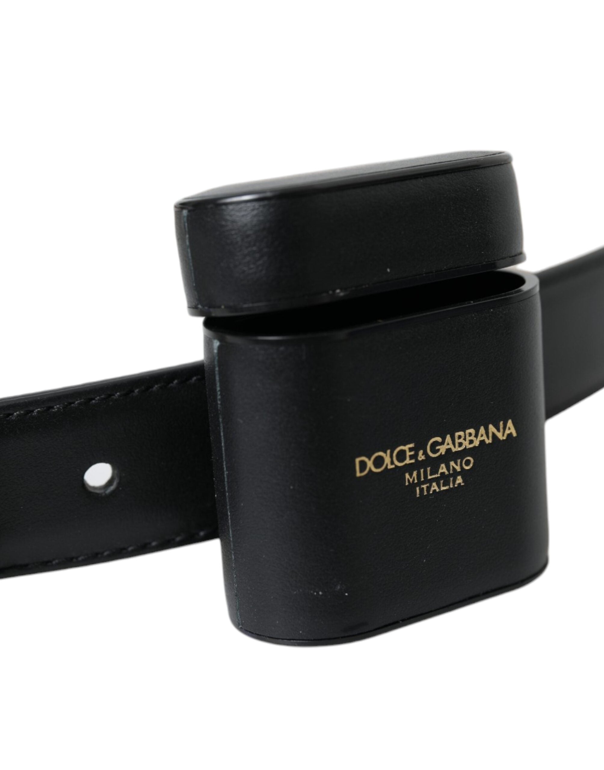 Dolce & Gabbana schwarzes Leder-AirPods-Case mit silberner Gürtelschnalle