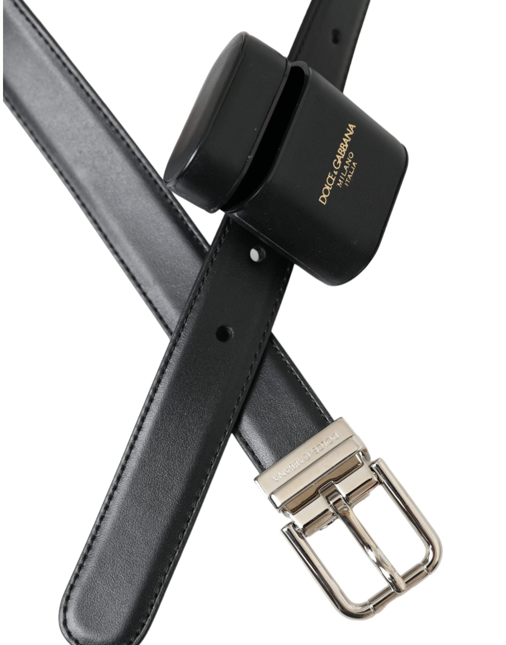 Dolce & Gabbana schwarzes Leder-AirPods-Case mit silberner Gürtelschnalle