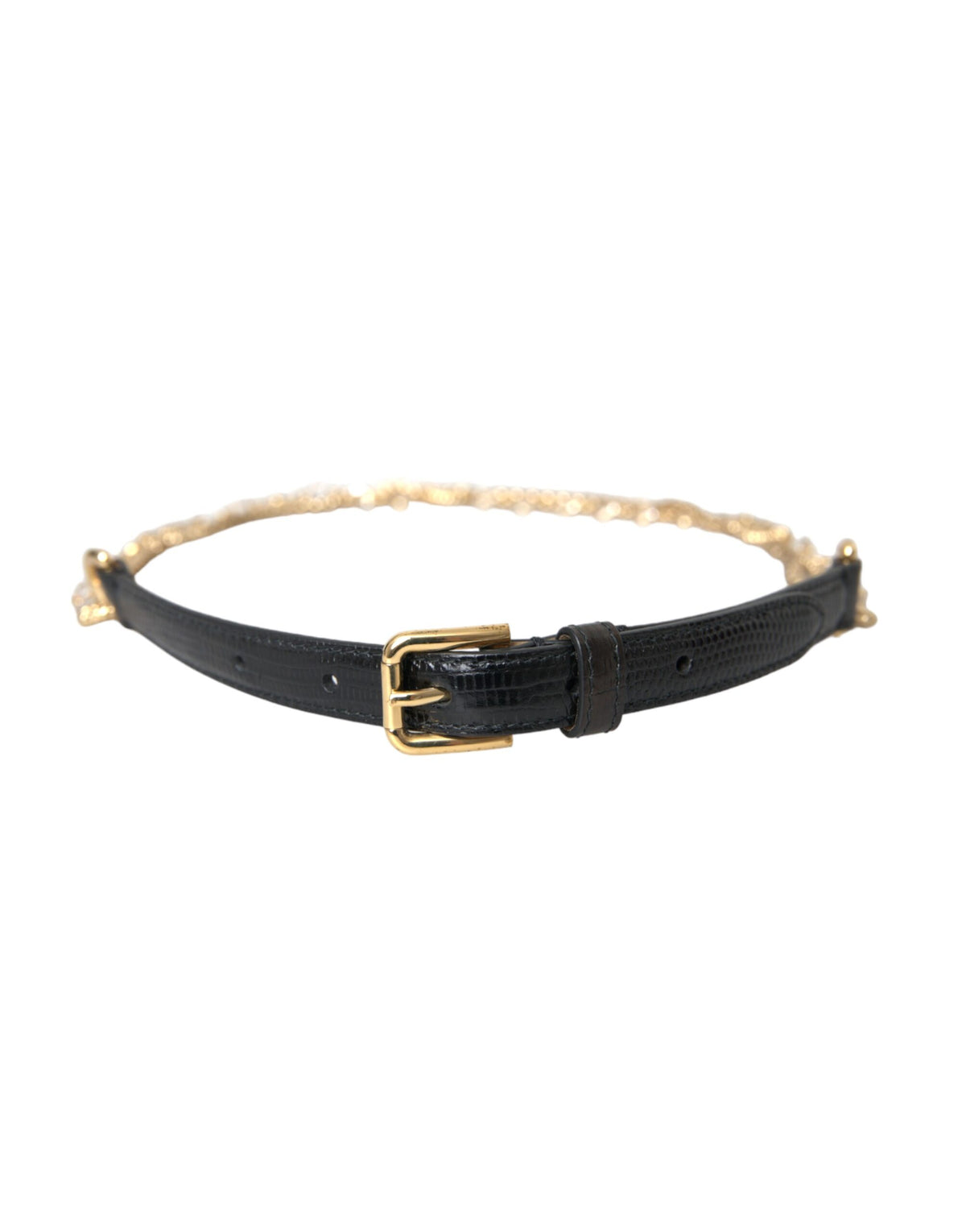 Dolce & Gabbana Schwarzer Leder-Goldketten-Kristall-Gürtel für Damen