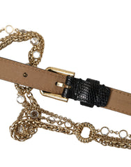 Dolce & Gabbana Schwarzer Leder-Goldketten-Kristall-Gürtel für Damen