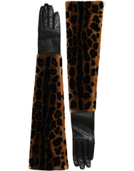Dolce & Gabbana Bruin Zwart Luipaard Leer Handschoenen Tot de Elleboog