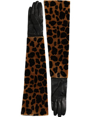 Dolce & Gabbana Bruin Zwart Luipaard Leer Handschoenen Tot de Elleboog