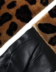 Dolce & Gabbana Bruin Zwart Luipaard Leer Handschoenen Tot de Elleboog
