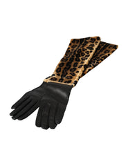 Dolce & Gabbana Bruin Zwart Luipaard Leer Handschoenen Tot de Elleboog