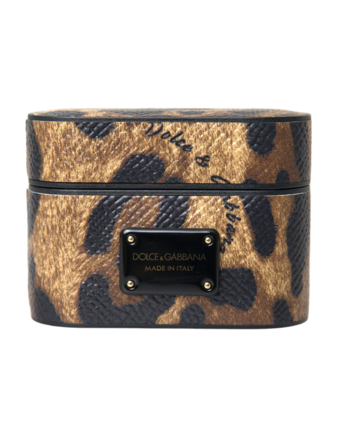Dolce & Gabbana Braunes AirPods-Etui aus Kalbsleder mit Leopardenmuster und Metall-Logo-Plakette