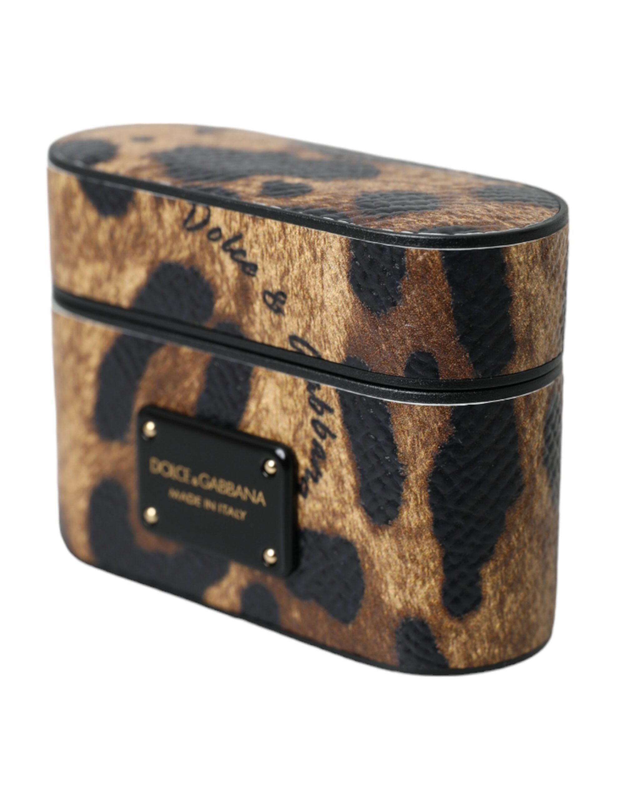 Dolce & Gabbana Braunes AirPods-Etui aus Kalbsleder mit Leopardenmuster und Metall-Logo-Plakette