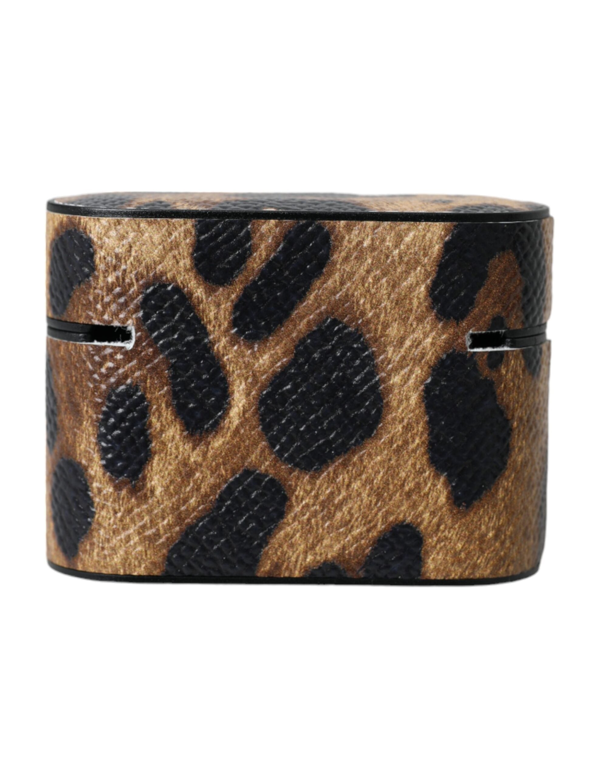 Dolce & Gabbana Braunes AirPods-Etui aus Kalbsleder mit Leopardenmuster und Metall-Logo-Plakette
