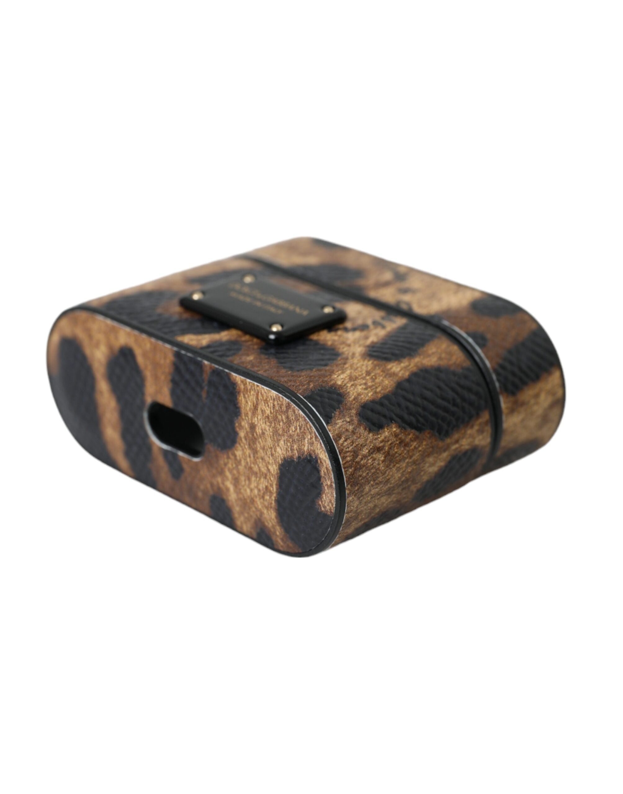 Dolce & Gabbana Braunes AirPods-Etui aus Kalbsleder mit Leopardenmuster und Metall-Logo-Plakette