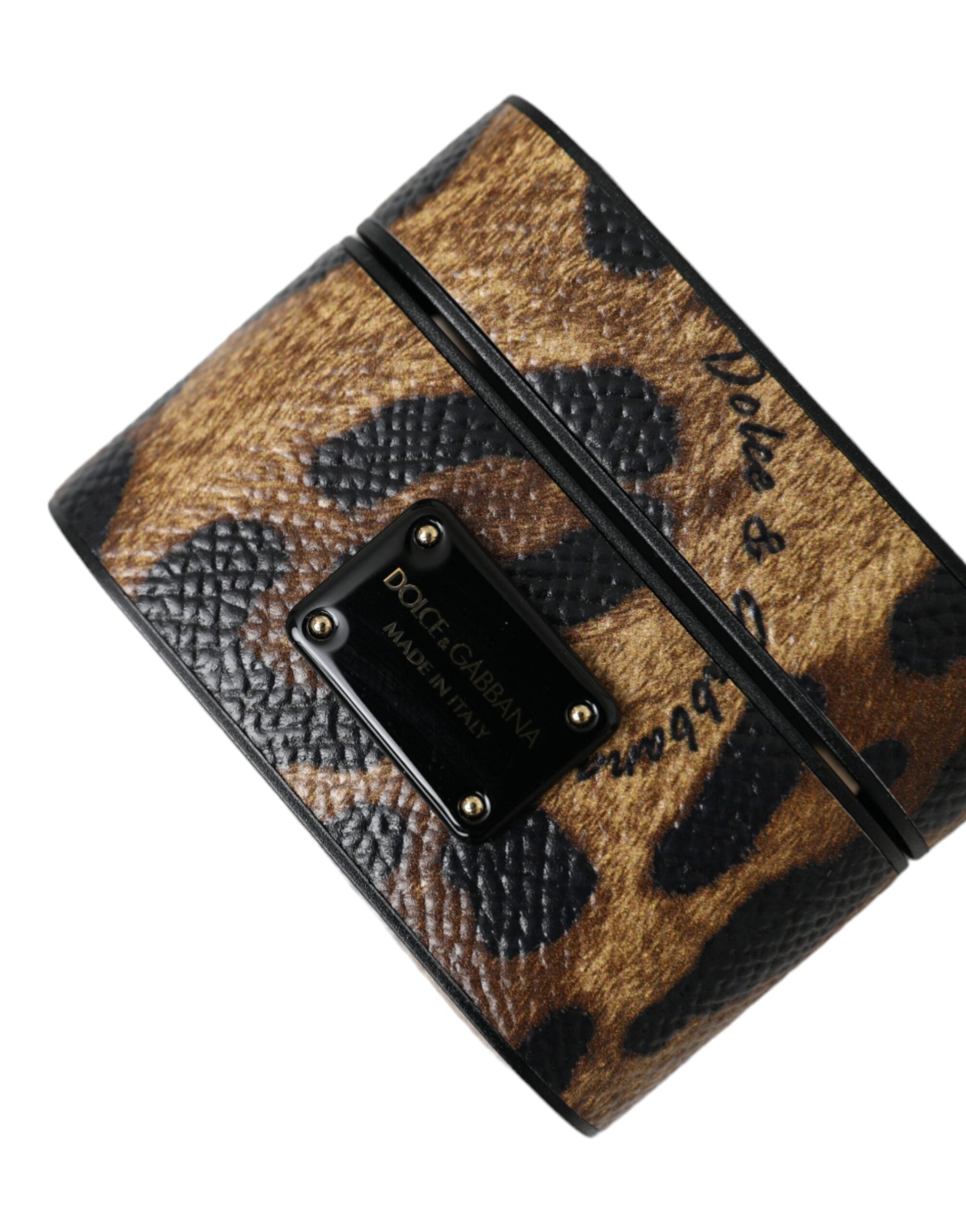 Dolce & Gabbana Braunes AirPods-Etui aus Kalbsleder mit Leopardenmuster und Metall-Logo-Plakette