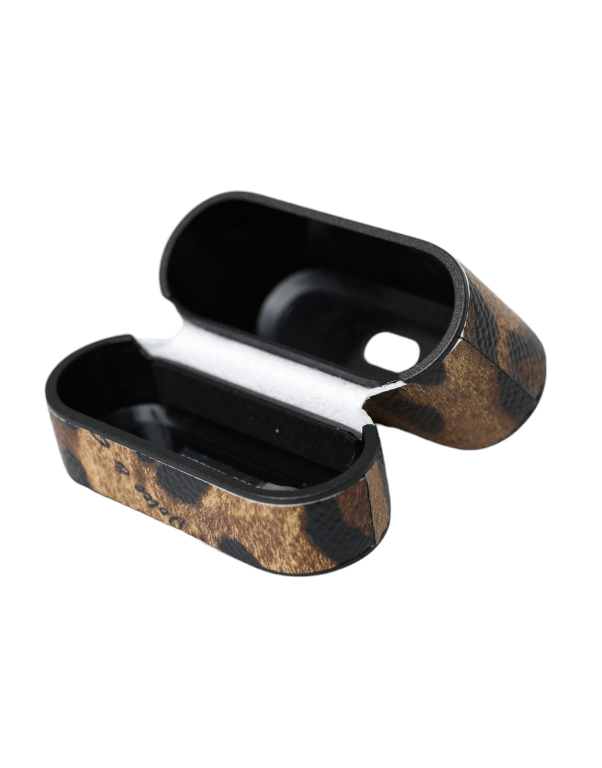 Dolce & Gabbana Braunes AirPods-Etui aus Kalbsleder mit Leopardenmuster und Metall-Logo-Plakette