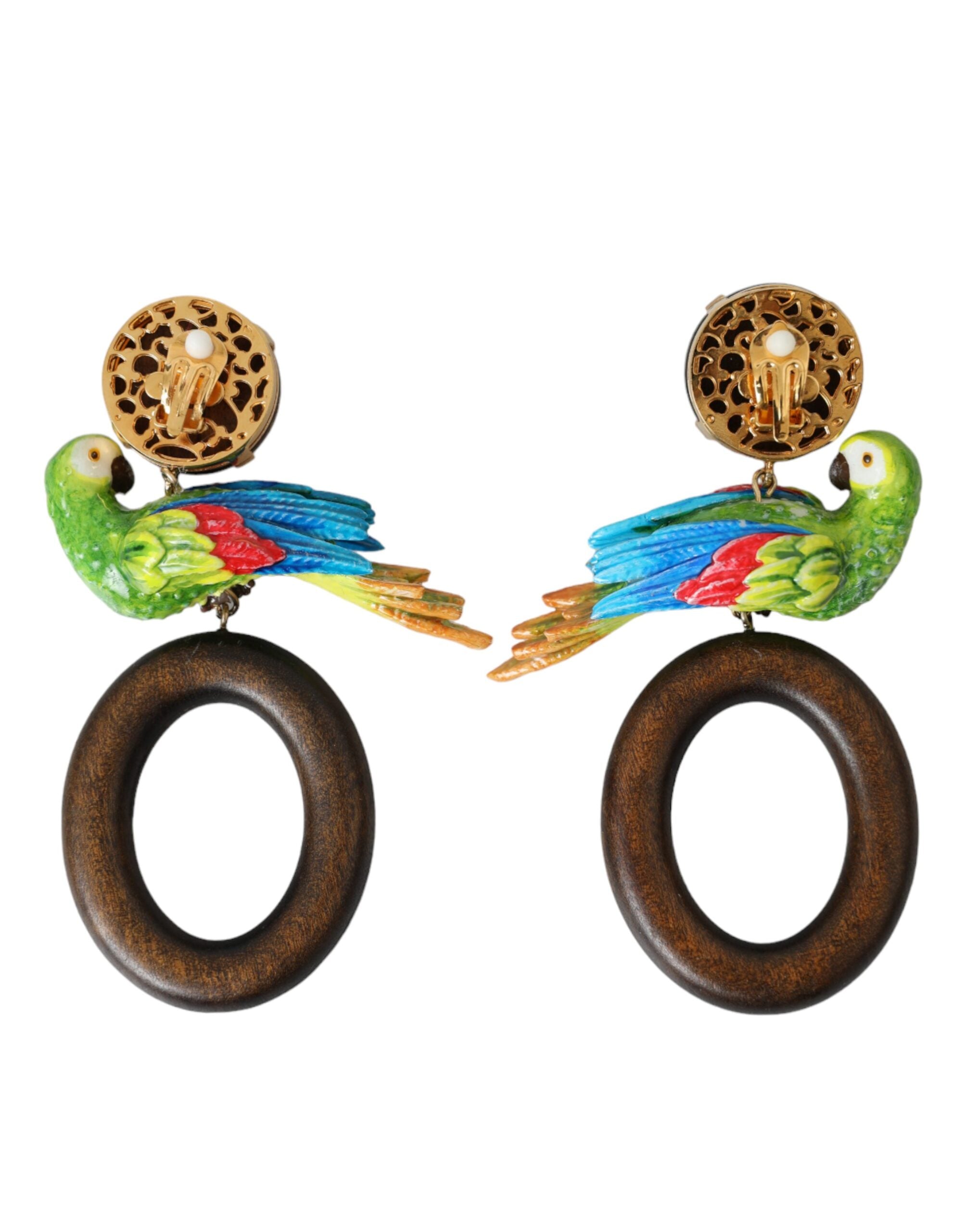 Dolce & Gabbana Ohrringe aus Holz, Messing und Kristall mit bunten Papageien