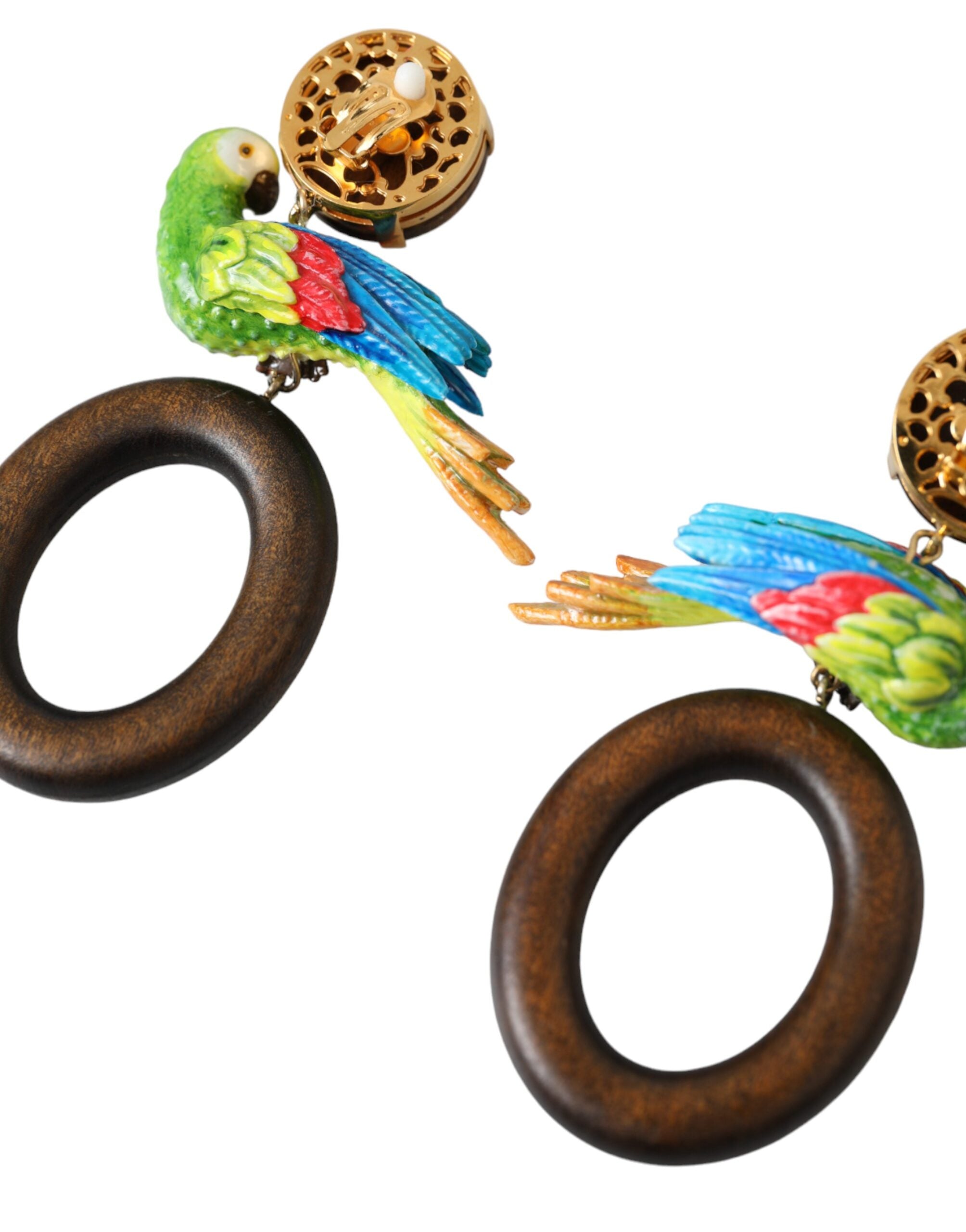 Dolce & Gabbana Ohrringe aus Holz, Messing und Kristall mit bunten Papageien