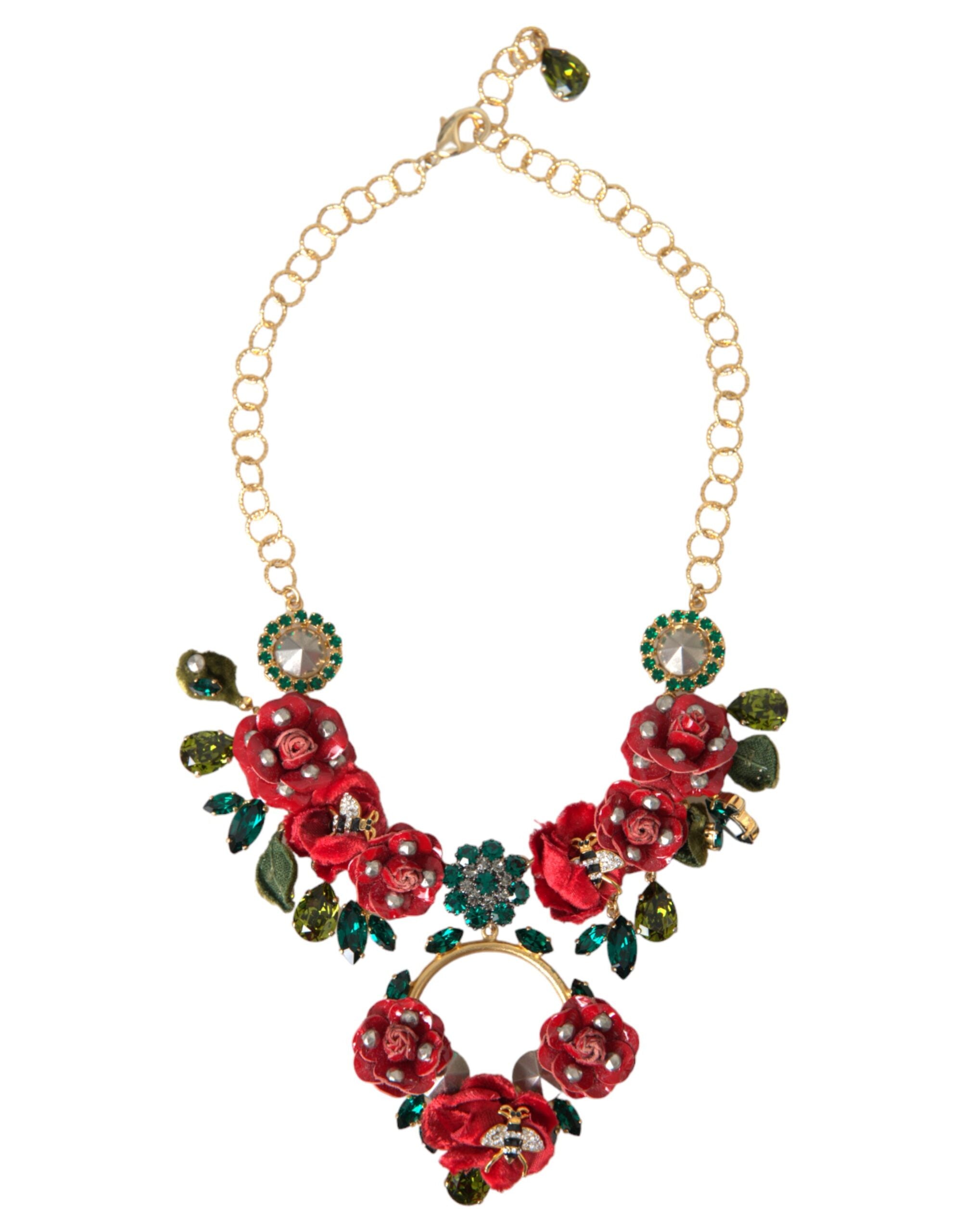 Dolce & Gabbana Goldene Messing Gliederkette Rosenblüten-Kristallanhänger Halskette