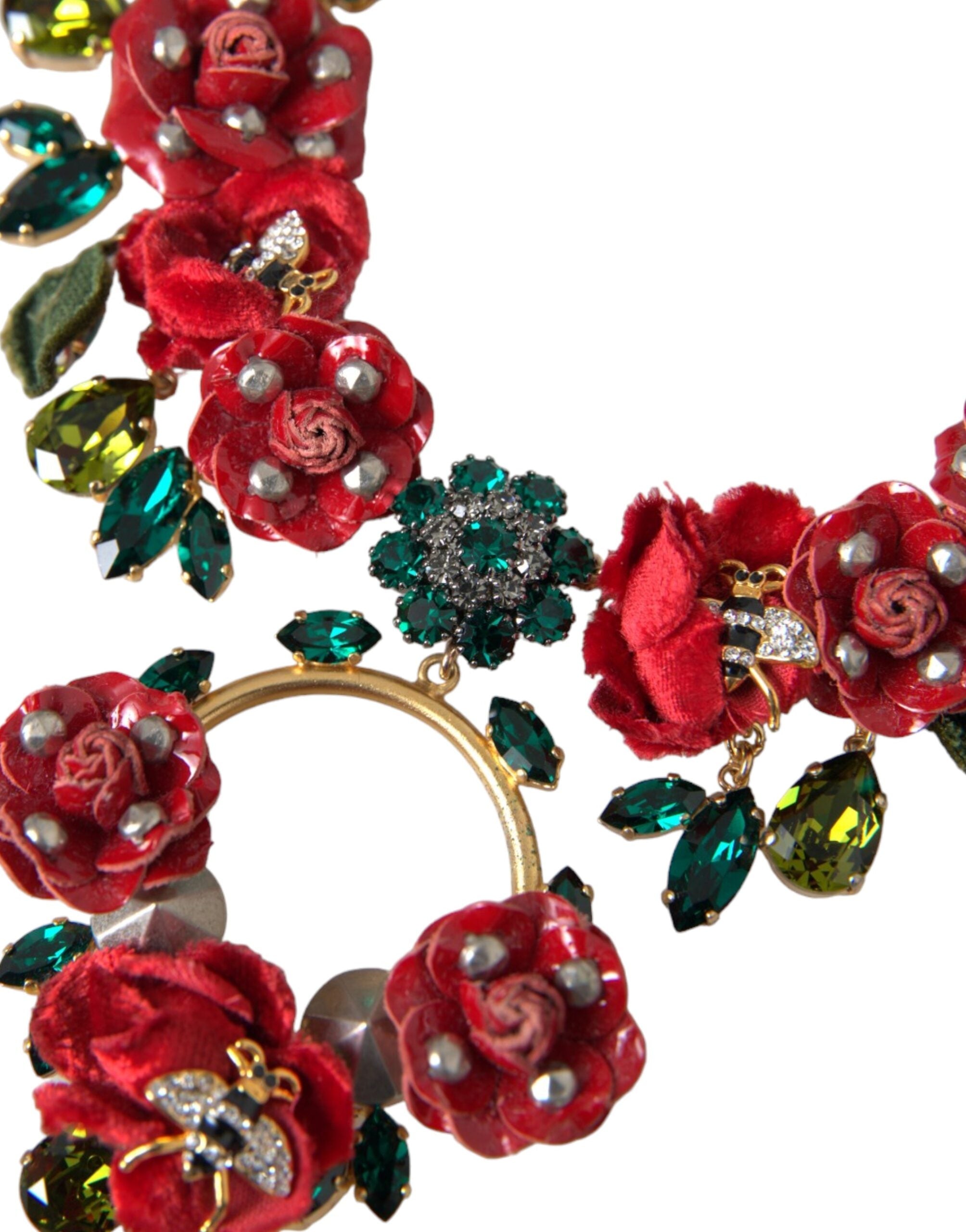 Dolce & Gabbana Goldene Messing Gliederkette Rosenblüten-Kristallanhänger Halskette