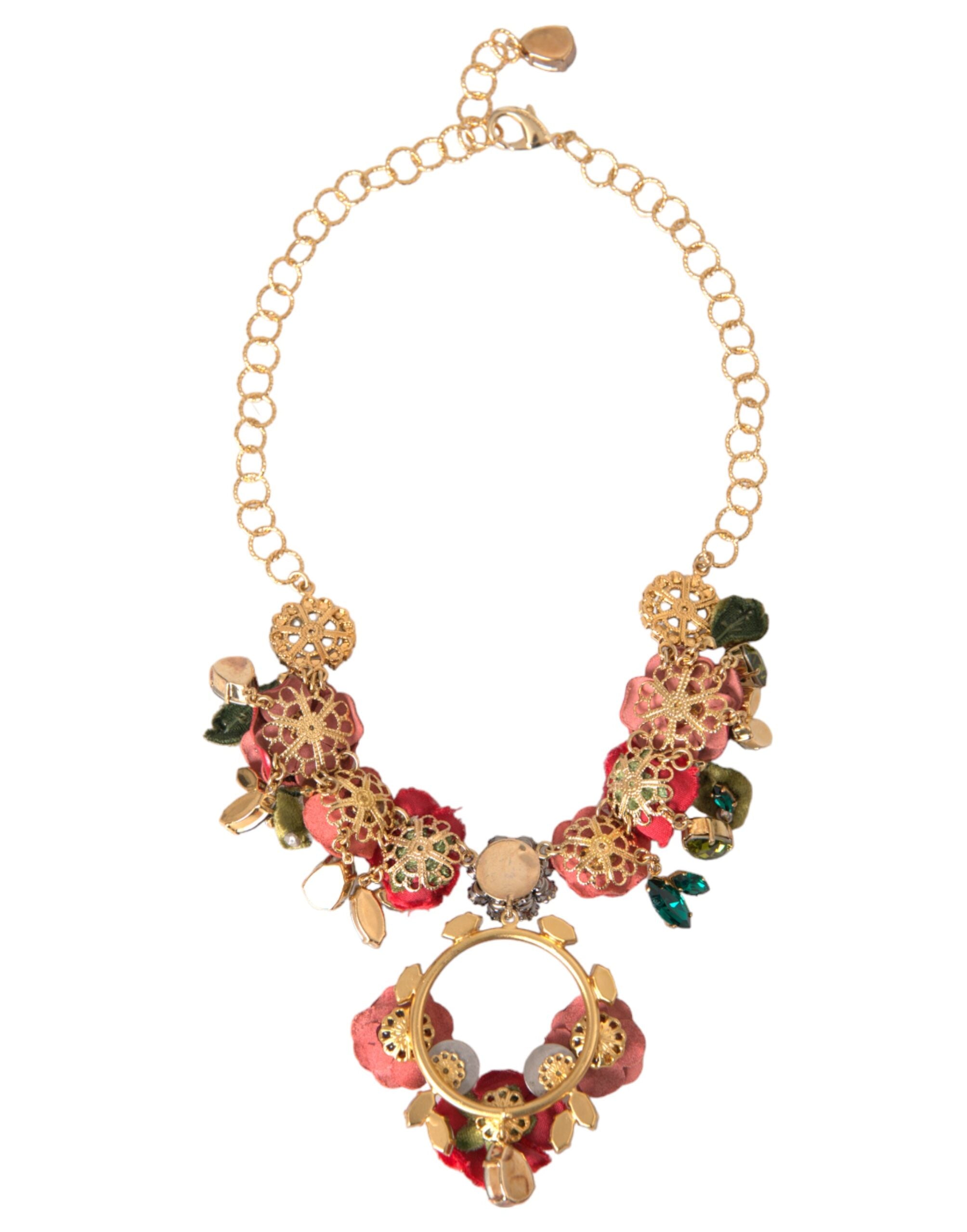Dolce & Gabbana Goldene Messing Gliederkette Rosenblüten-Kristallanhänger Halskette