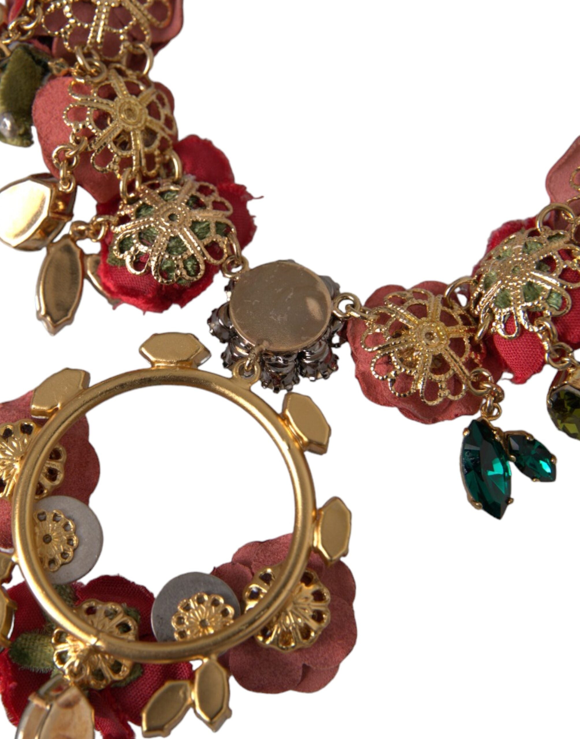 Dolce & Gabbana Goldene Messing Gliederkette Rosenblüten-Kristallanhänger Halskette
