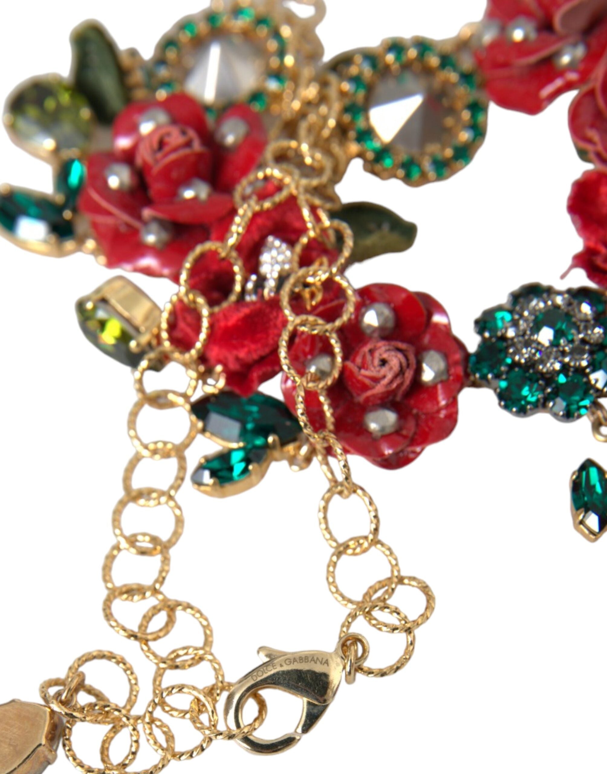 Dolce & Gabbana Goldene Messing Gliederkette Rosenblüten-Kristallanhänger Halskette