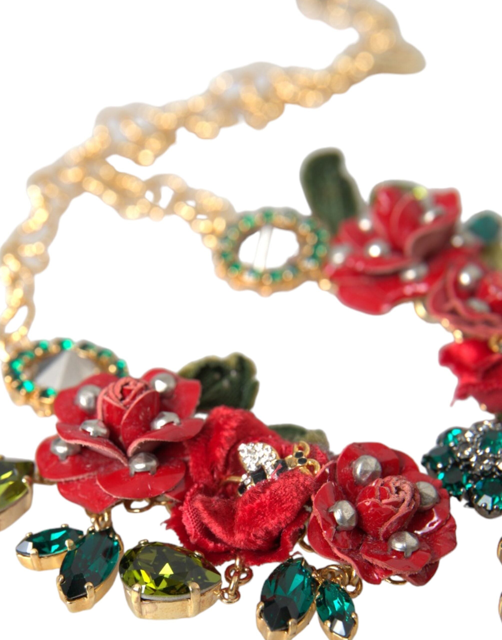 Dolce & Gabbana Goldene Messing Gliederkette Rosenblüten-Kristallanhänger Halskette