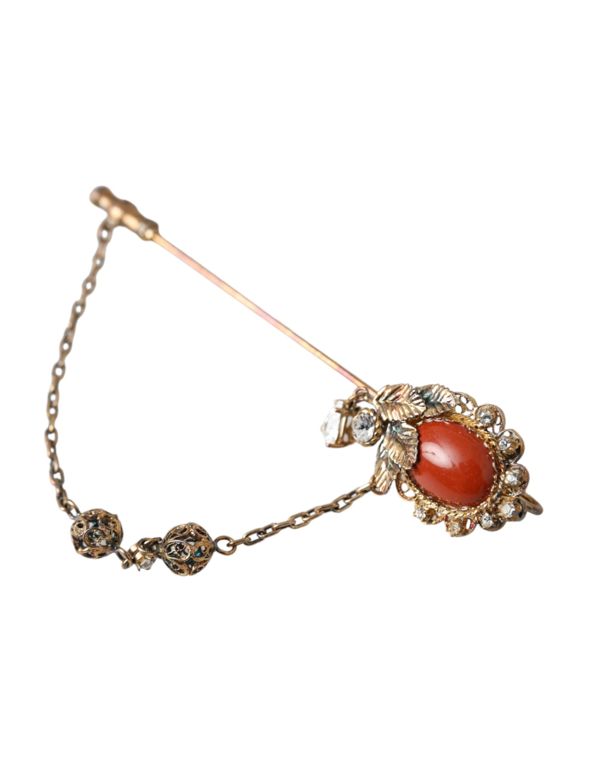 Dolce & Gabbana Goldene Messing Kristallkette 925 Sterlingsilber Nadelbrosche