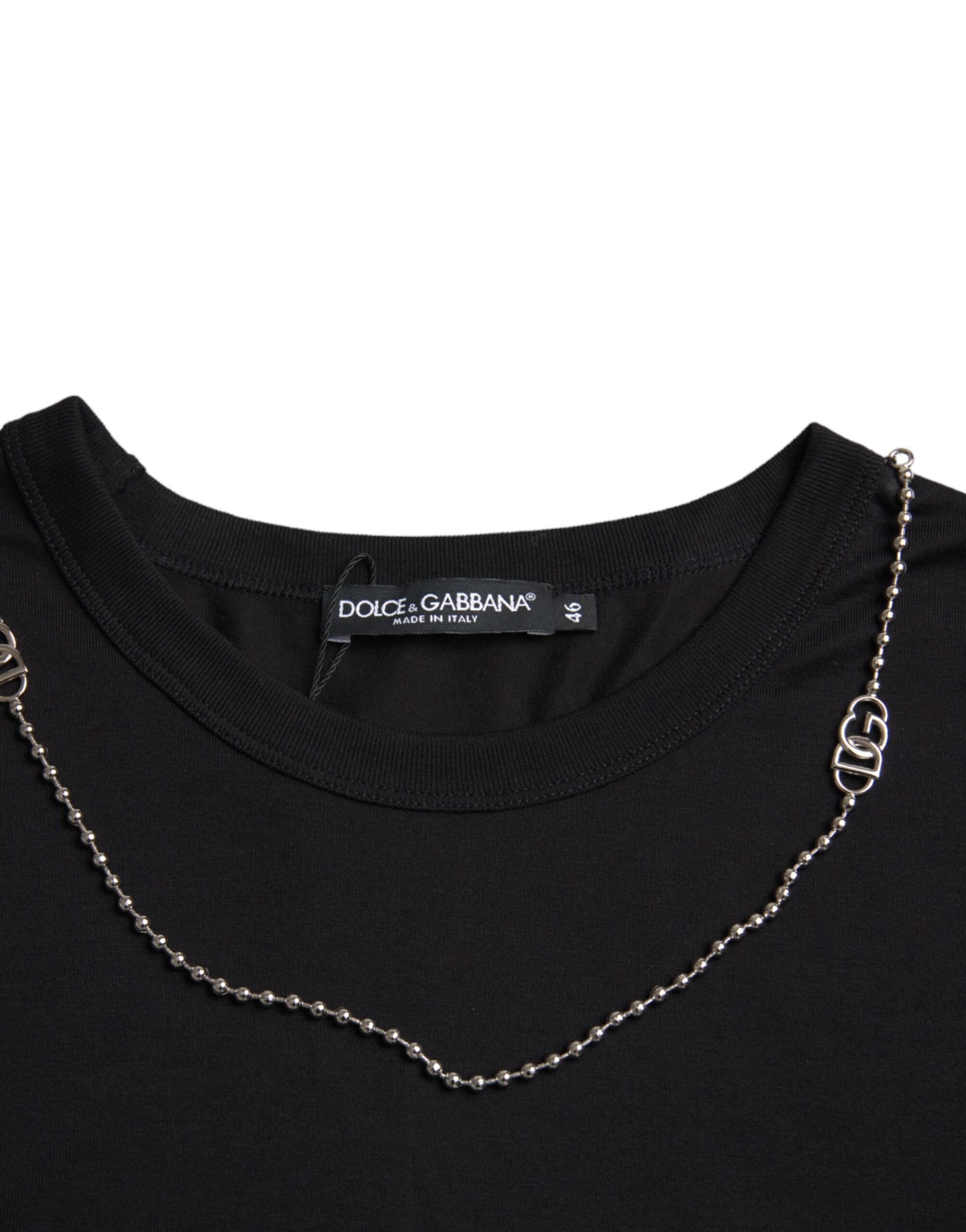 Dolce & Gabbana Schwarzes Baumwoll-T-Shirt mit silberner Kette und kurzen Ärmeln