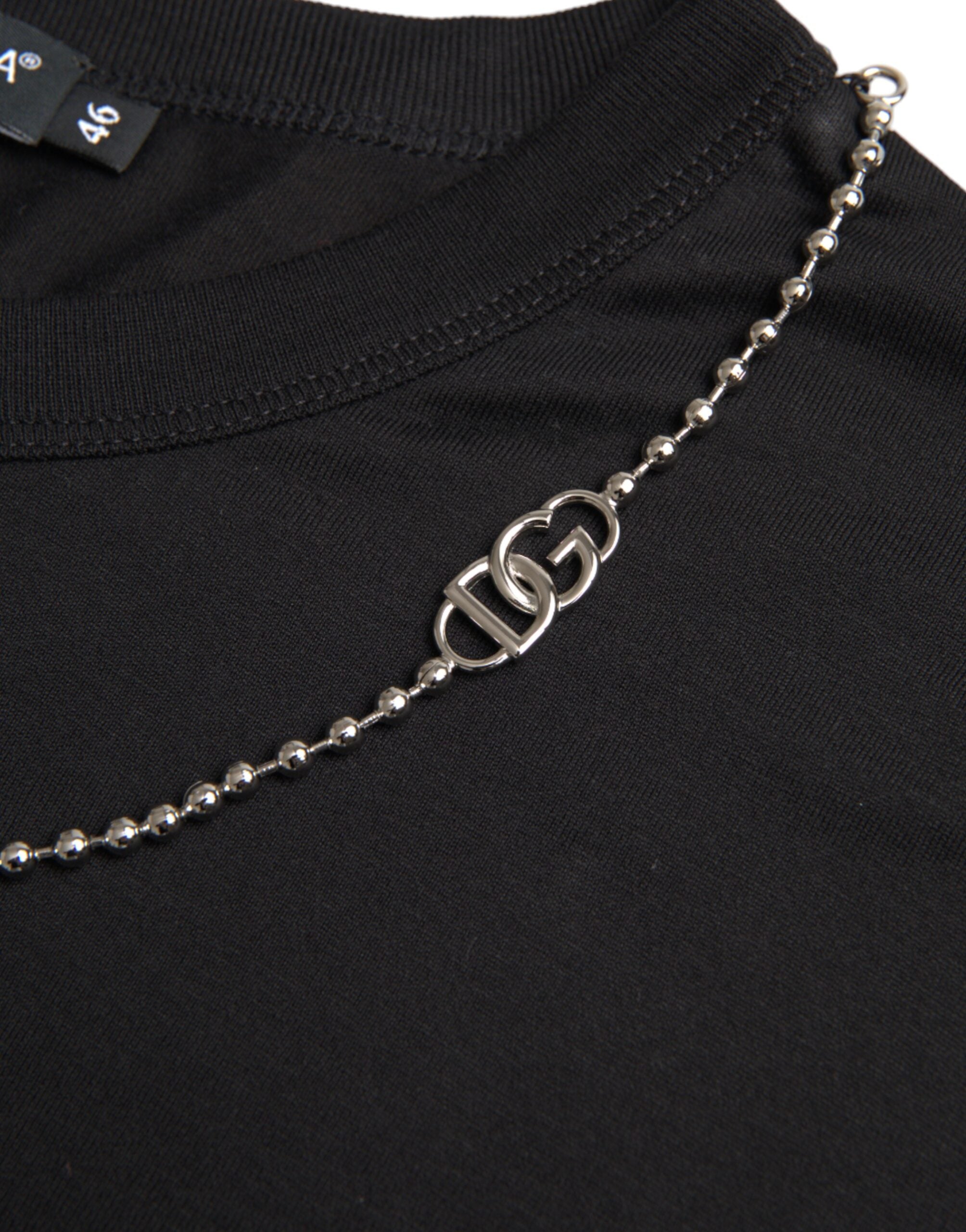 Dolce & Gabbana Schwarzes Baumwoll-T-Shirt mit silberner Kette und kurzen Ärmeln