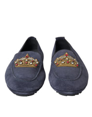Dolce & Gabbana Blauw Leren Suède Kristallen Kroon Loafers Schoenen