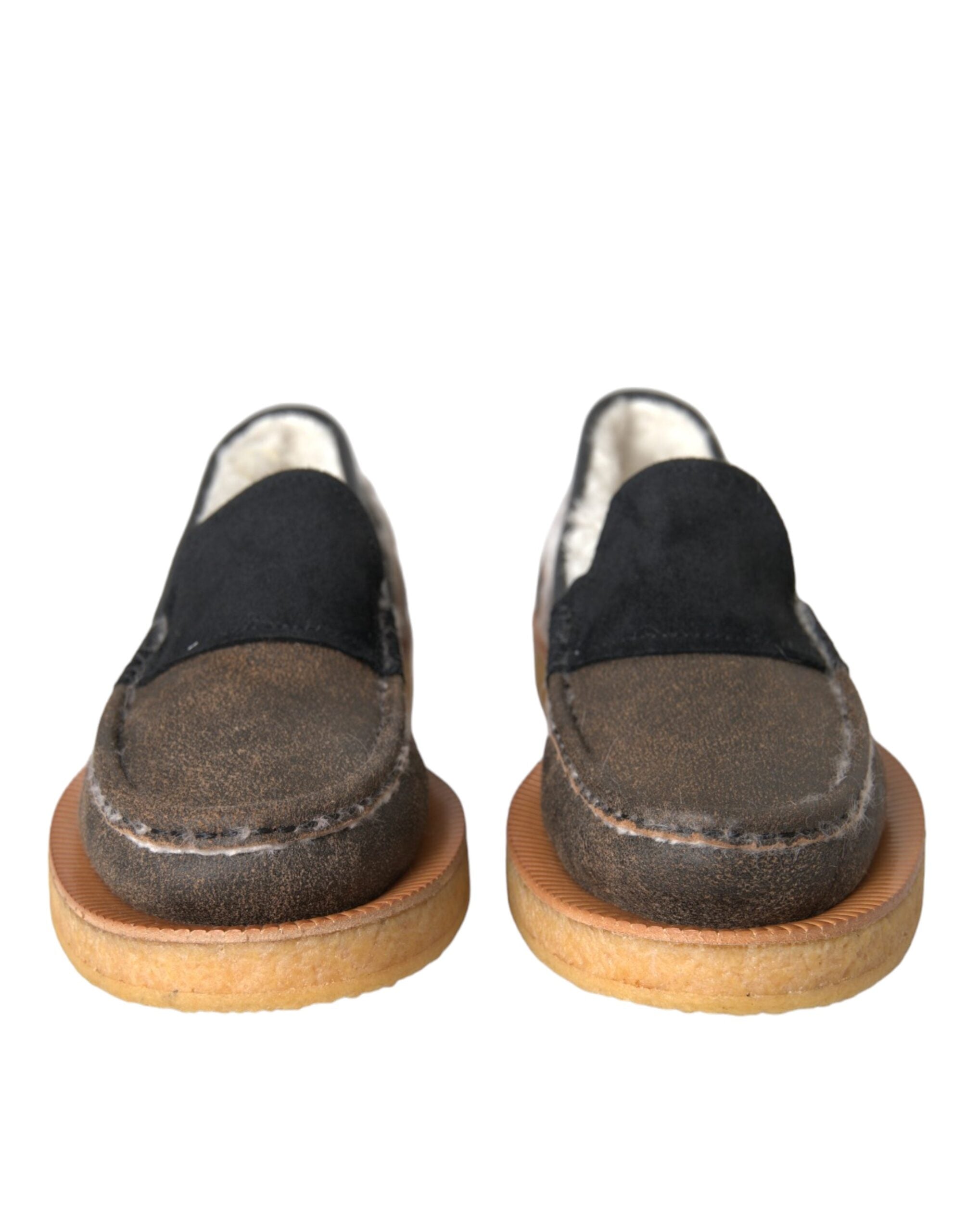Dolce & Gabbana Braune Schwarze Fell-Leder-Slipper Herrenschuhe