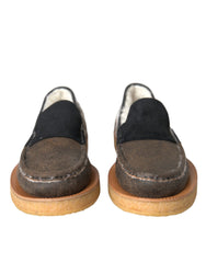 Dolce & Gabbana Braune Schwarze Fell-Leder-Slipper Herrenschuhe