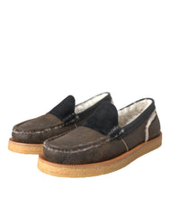 Dolce & Gabbana Braune Schwarze Fell-Leder-Slipper Herrenschuhe