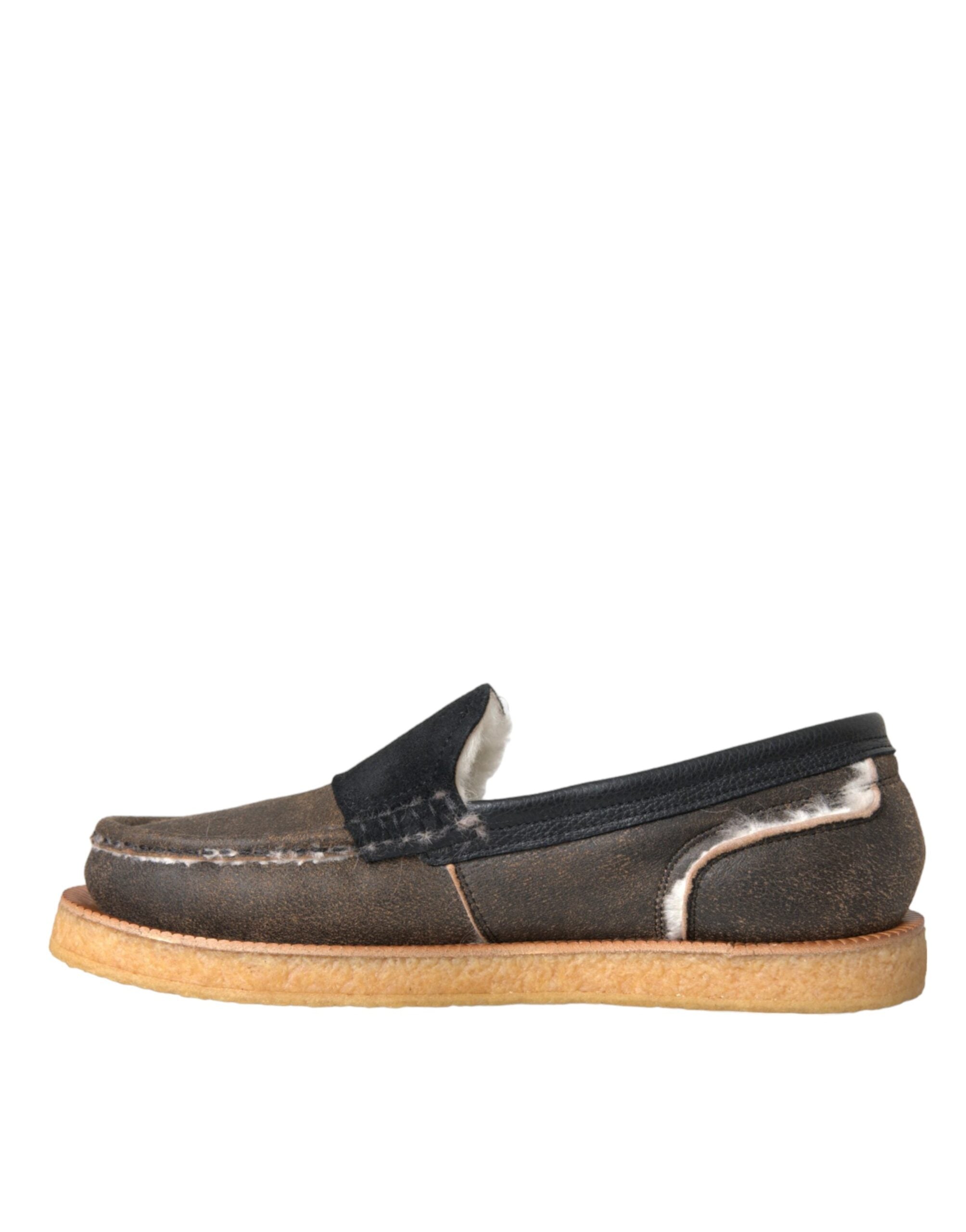 Dolce & Gabbana Braune Schwarze Fell-Leder-Slipper Herrenschuhe