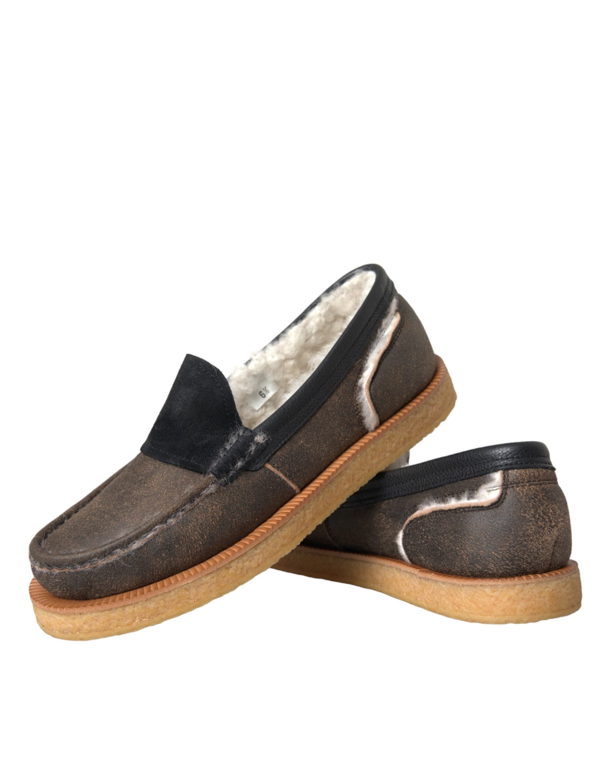 Dolce & Gabbana Braune Schwarze Fell-Leder-Slipper Herrenschuhe