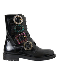 Dolce & Gabbana Zwarte Leren Laarzen Schoenen met Kristallen Gespen