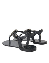 Dolce &amp; Gabbana Schwarze Kristall-Flache Sandalen Flip-Flops Schuhe