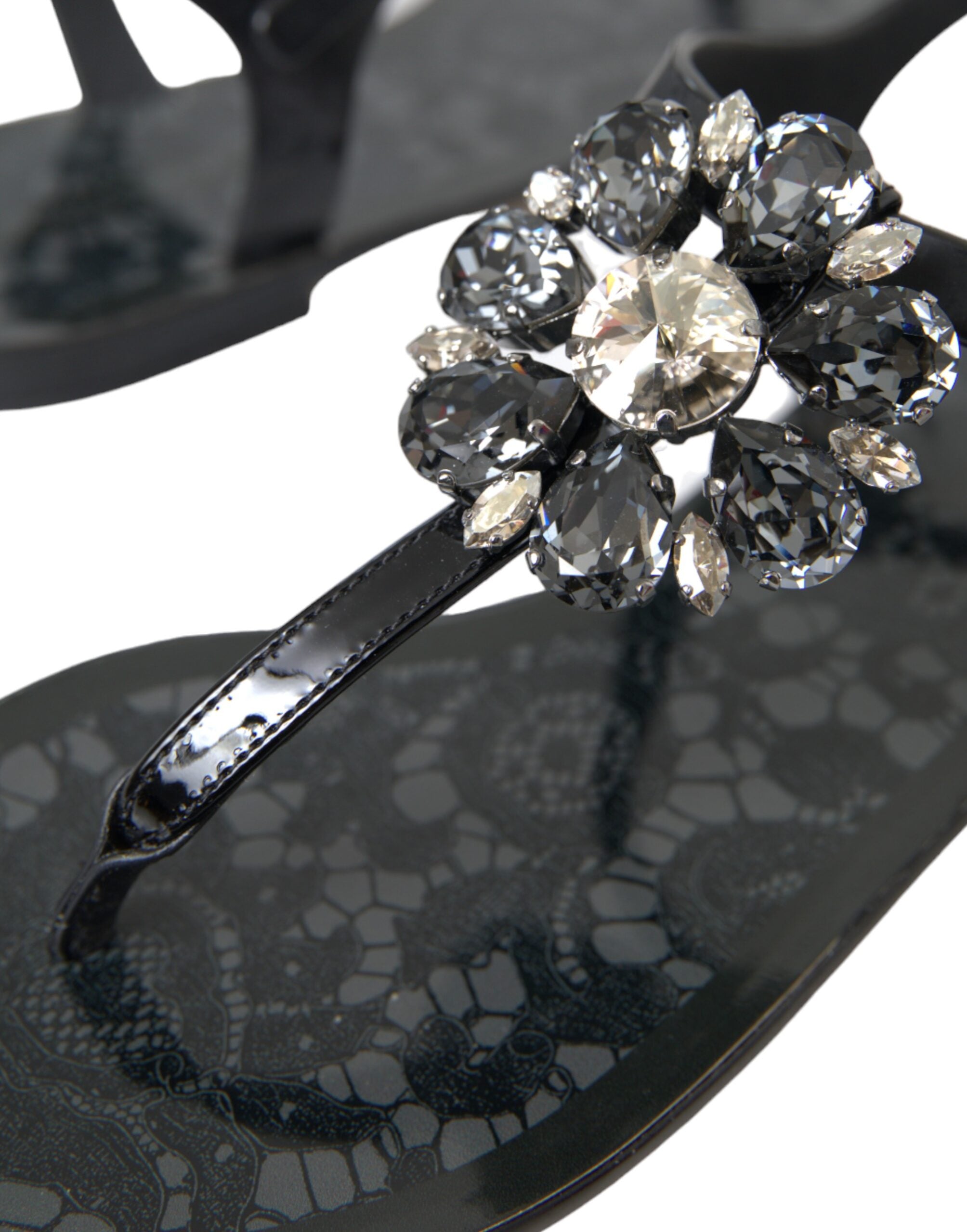 Dolce &amp; Gabbana Schwarze Kristall-Flache Sandalen Flip-Flops Schuhe