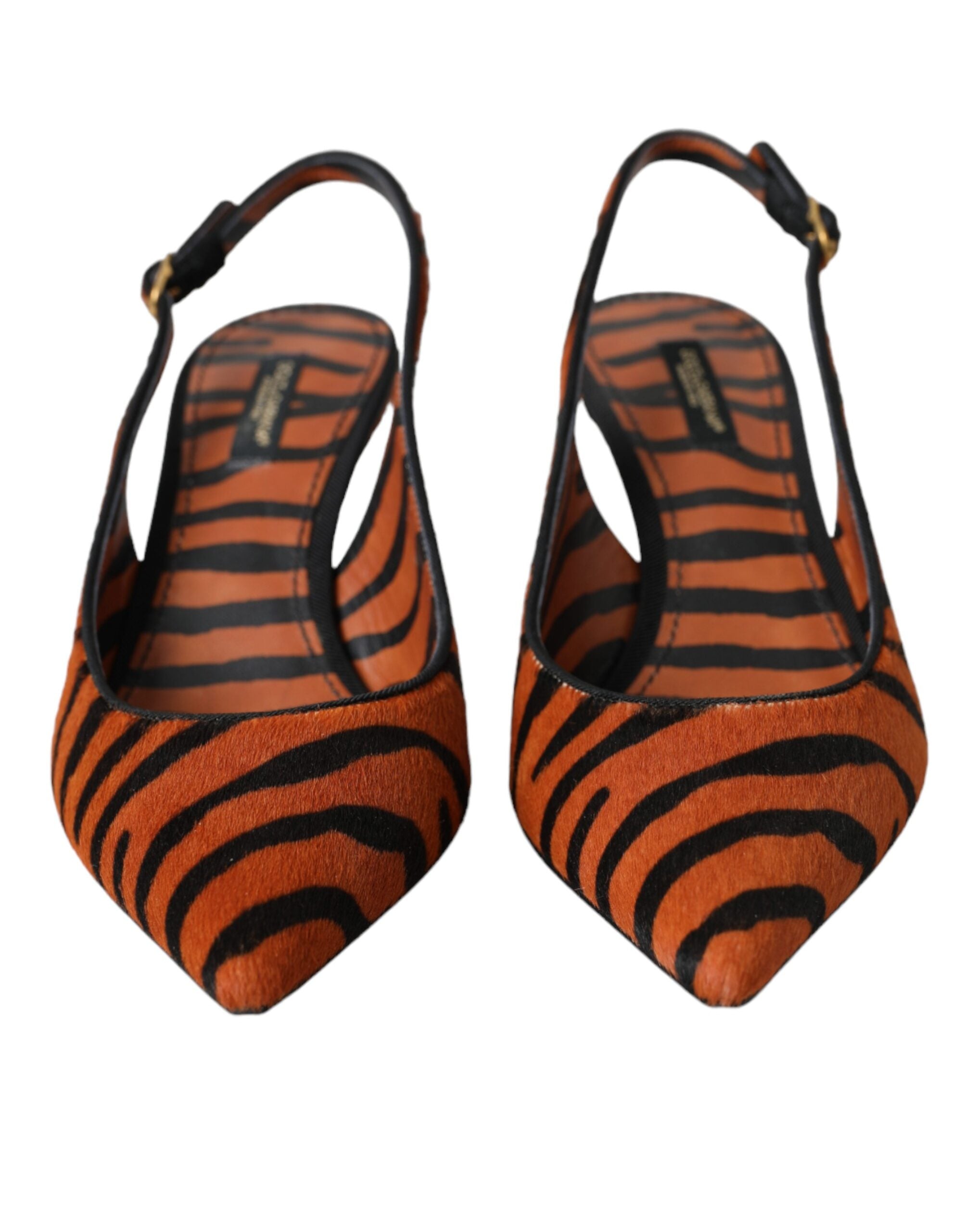 Dolce & Gabbana Schwarze orangefarbene Zebra-Leder-Slingbacks
