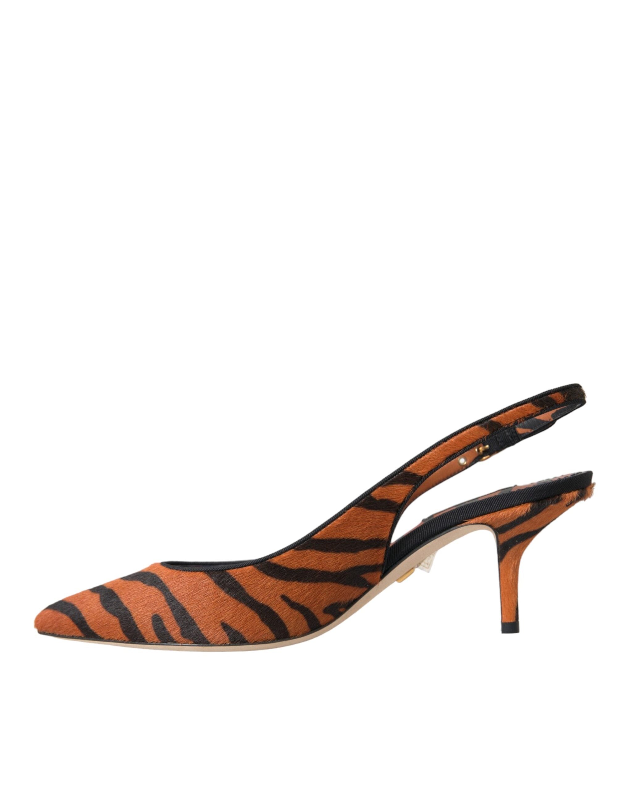 Dolce & Gabbana Schwarze orangefarbene Zebra-Leder-Slingbacks