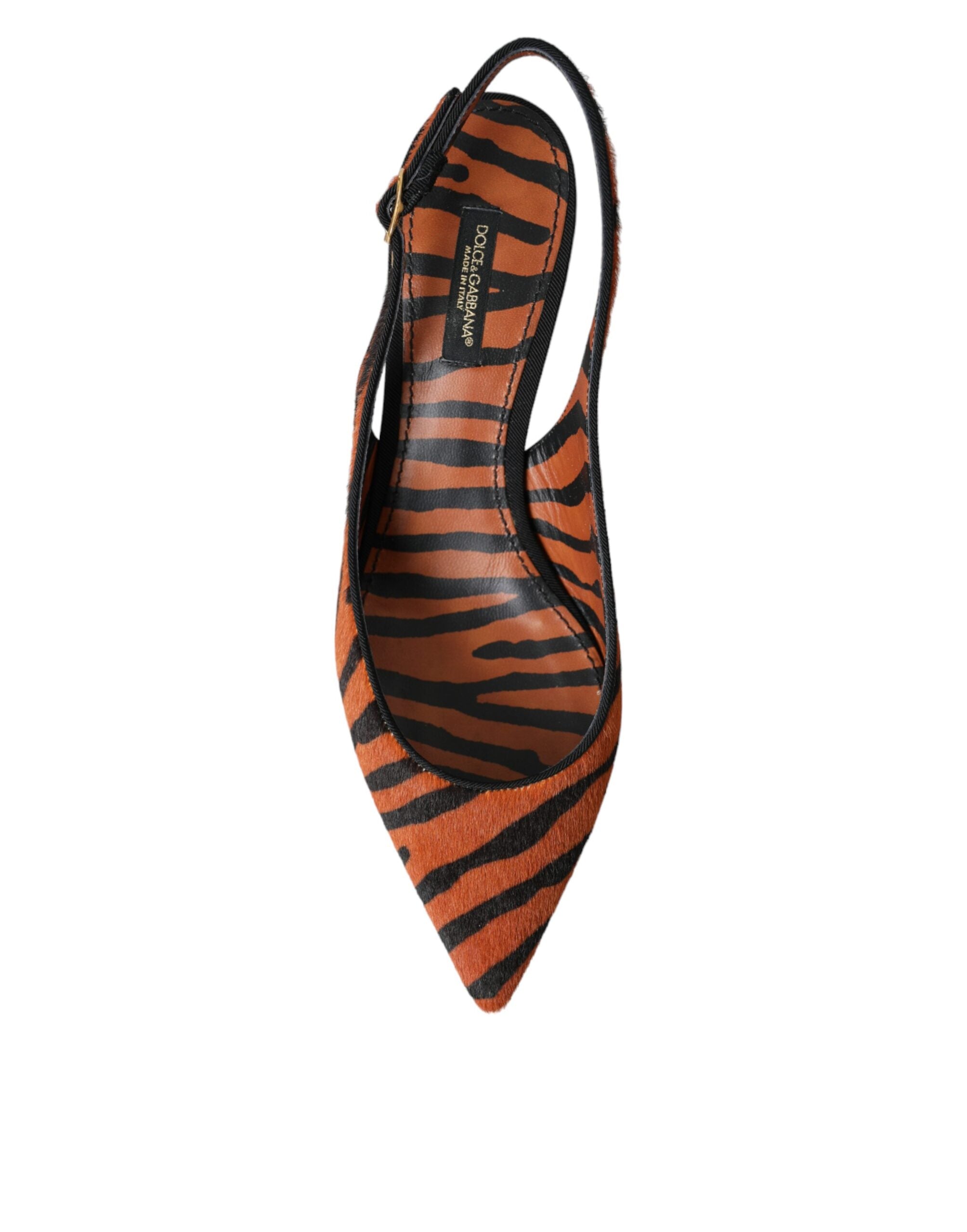 Dolce & Gabbana Schwarze orangefarbene Zebra-Leder-Slingbacks