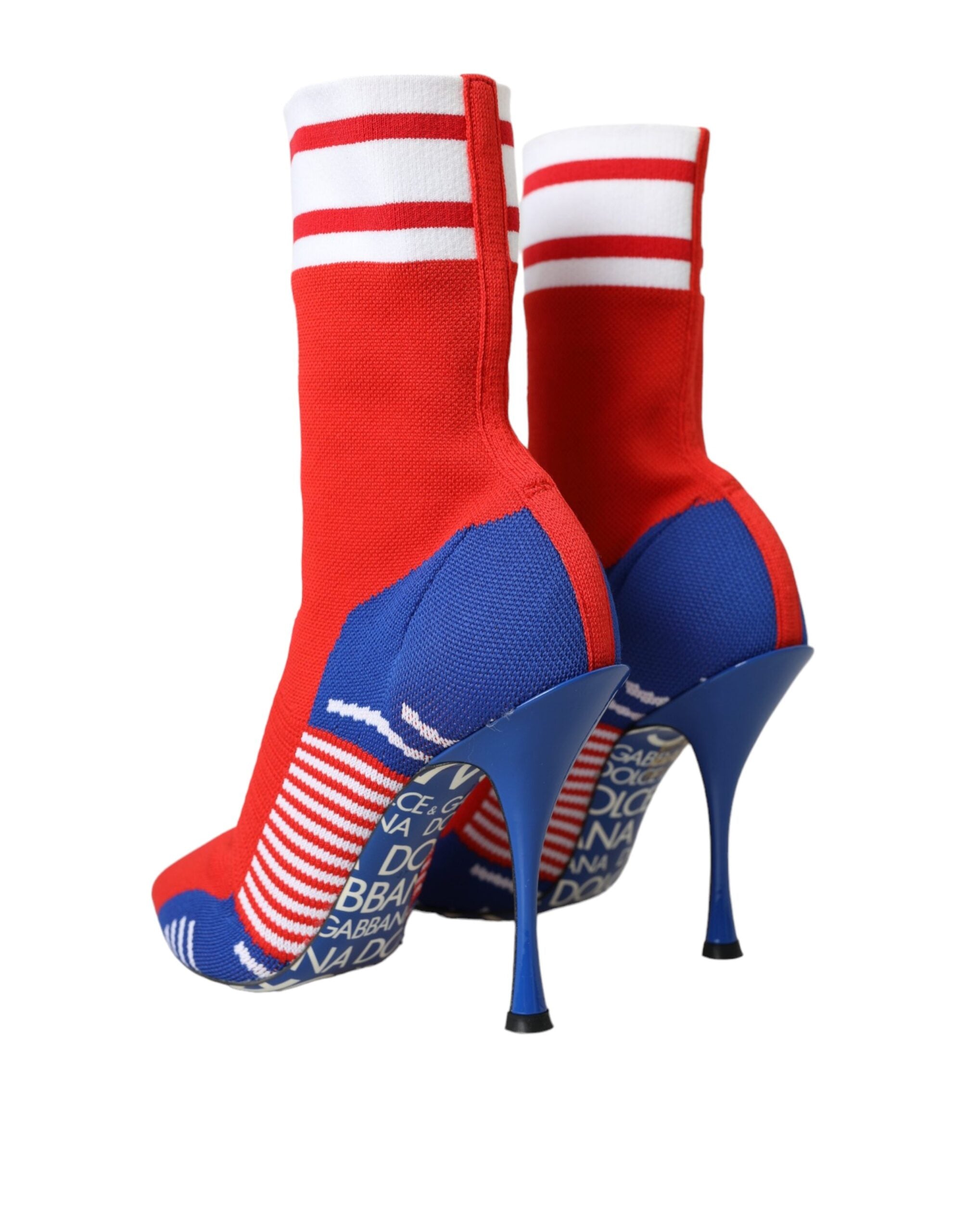 Dolce &amp; Gabbana – Rot-blaue Stretch-Stiefeletten im Sockenstil mit Logo