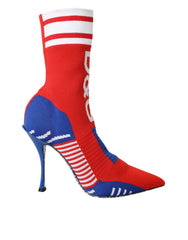 Dolce &amp; Gabbana – Rot-blaue Stretch-Stiefeletten im Sockenstil mit Logo