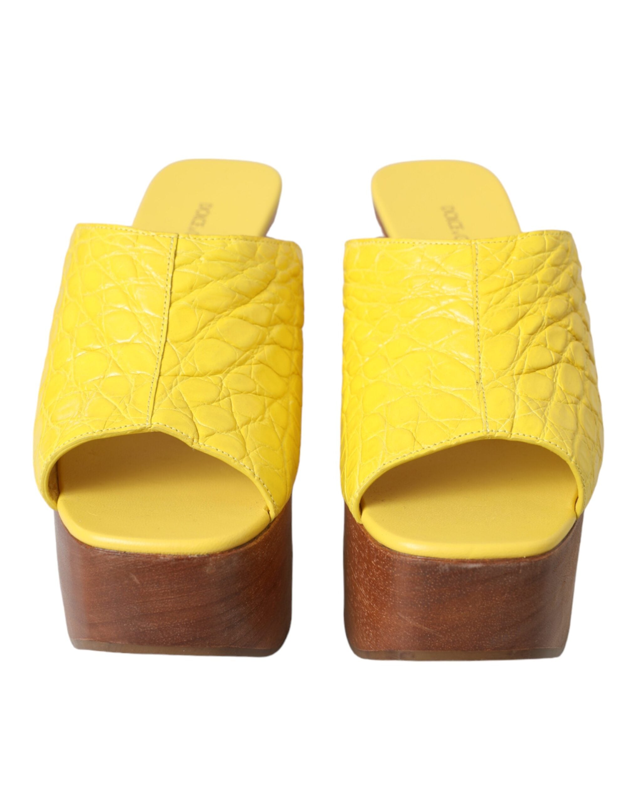 Dolce & Gabbana Gelbe Leder Holz Pantoletten Keilabsatz Schuhe