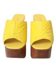 Dolce & Gabbana Gelbe Leder Holz Pantoletten Keilabsatz Schuhe