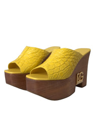 Dolce & Gabbana Gelbe Leder Holz Pantoletten Keilabsatz Schuhe
