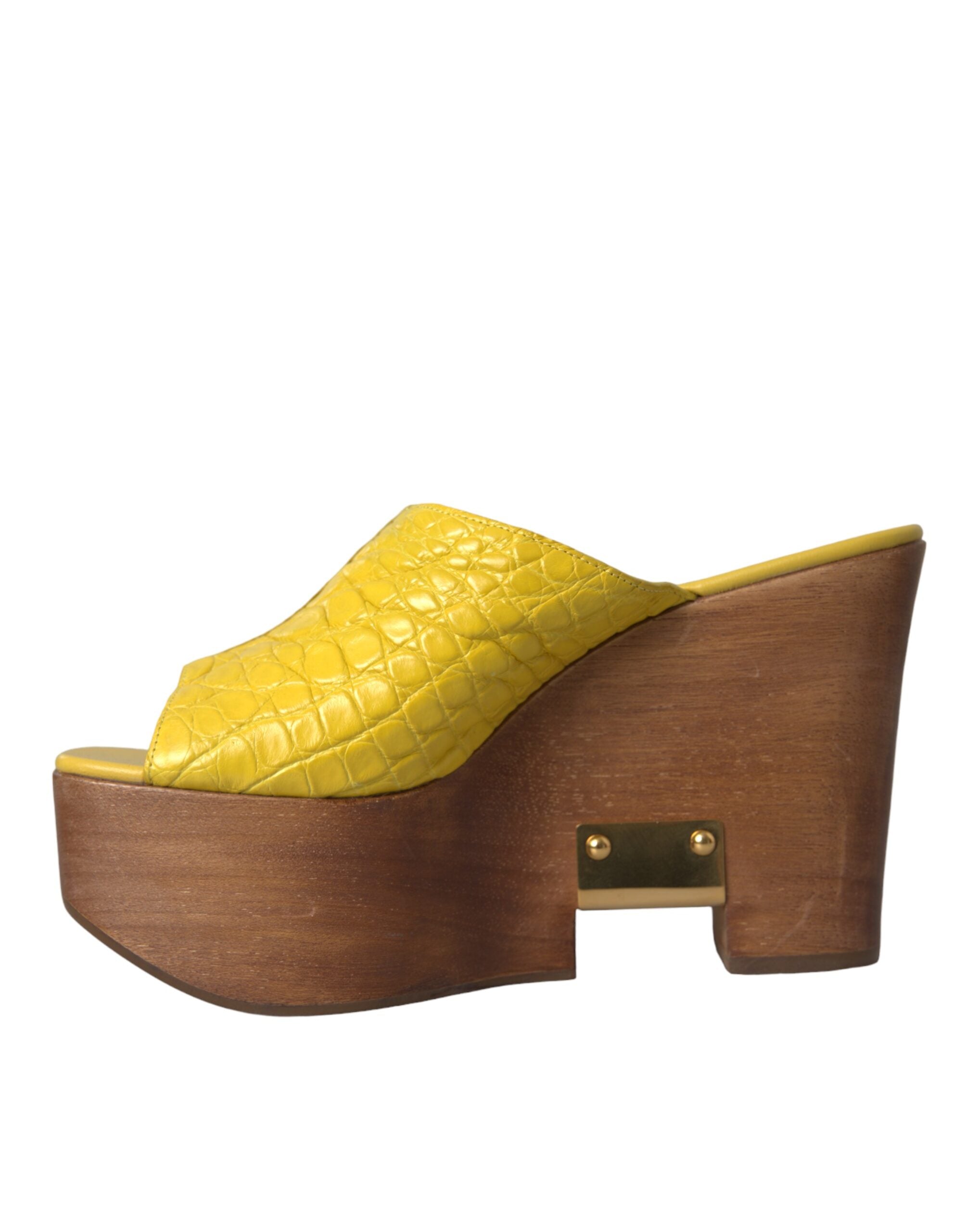 Dolce & Gabbana Gelbe Leder Holz Pantoletten Keilabsatz Schuhe