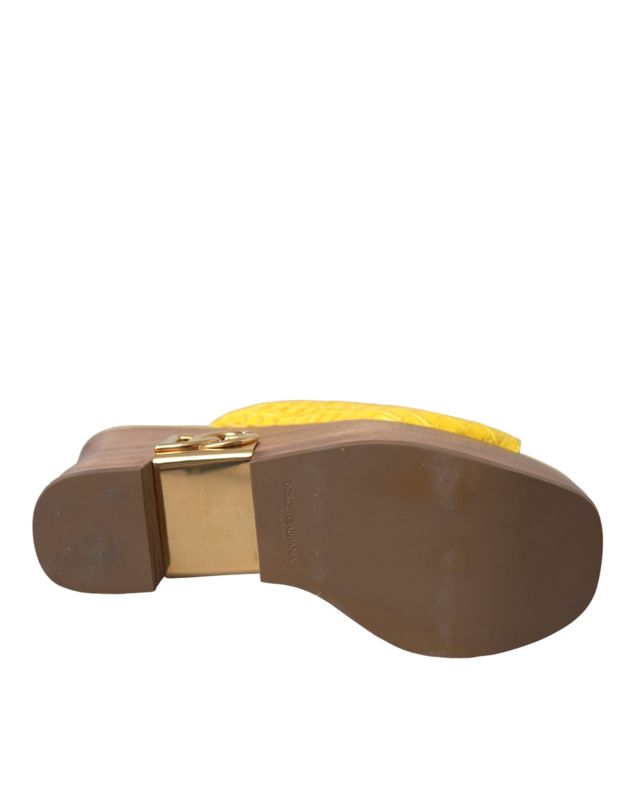 Dolce & Gabbana Gelbe Leder Holz Pantoletten Keilabsatz Schuhe