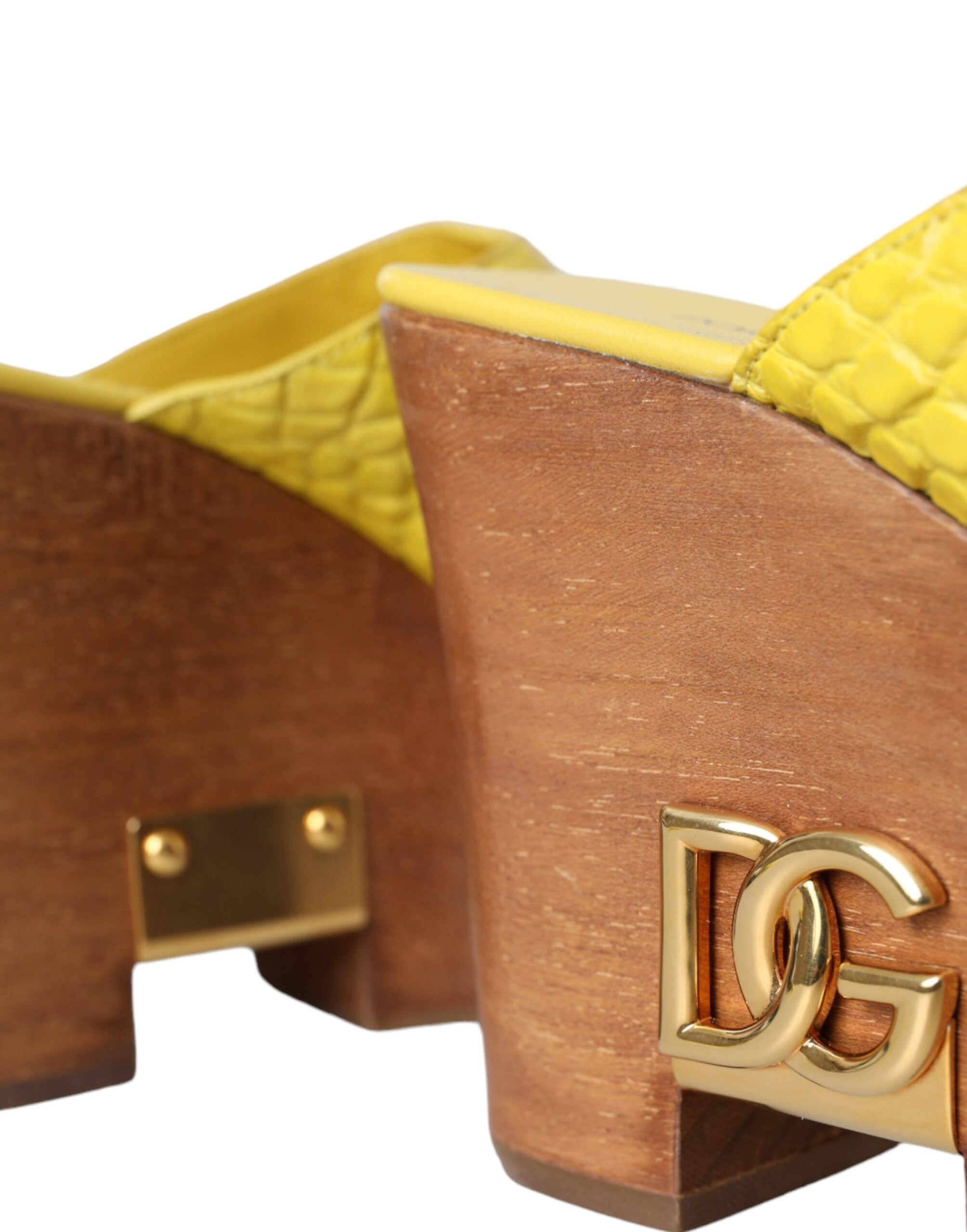 Dolce & Gabbana Gelbe Leder Holz Pantoletten Keilabsatz Schuhe