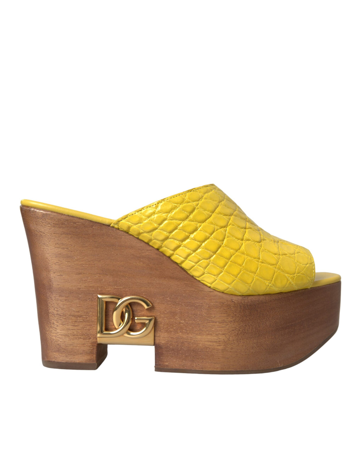 Dolce & Gabbana Gelbe Leder Holz Pantoletten Keilabsatz Schuhe