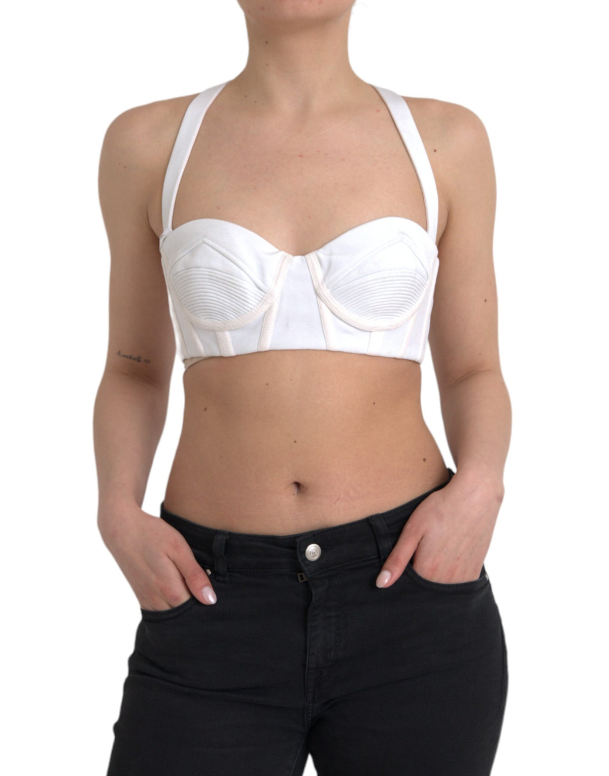 Versace Weißes schulterfreies, bauchfreies Bustier-Top aus Viskose